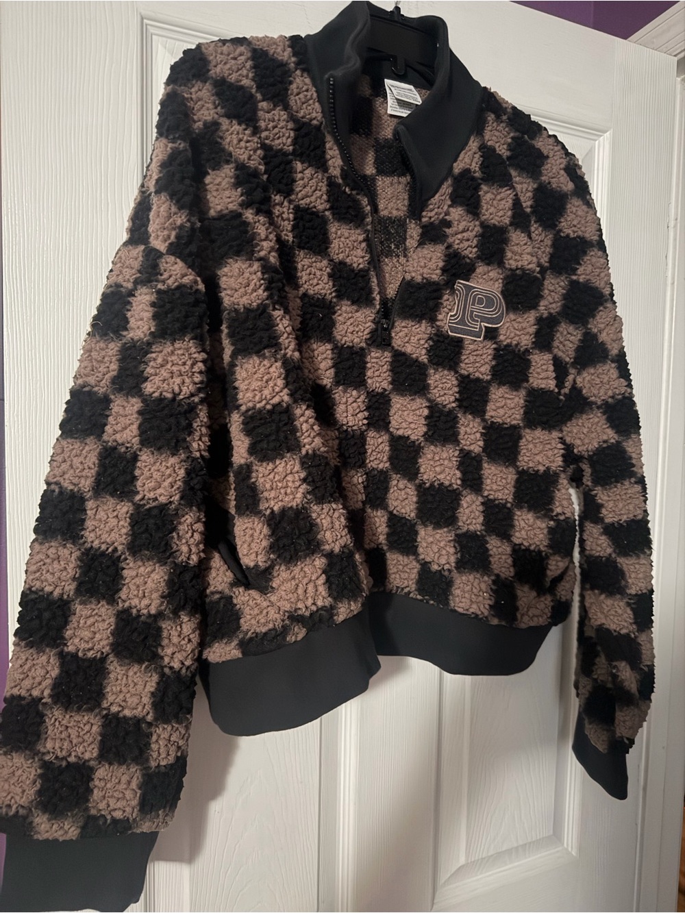 Pink Checkerboard Sherpa Zip Pullover - Black & Taupe